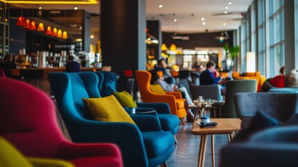 Colorful and inviting interior design featuring cozy armchairs. A vibrant lounge atmosphere perfect for relaxation and socializing. Enjoy the ambiance with friends and family. Generative AI