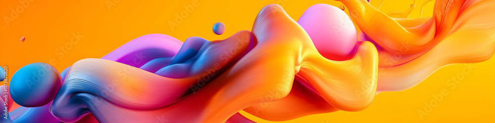 Poster abstract background with colorful waves and shapes, 3d rendering illustration, yellow background