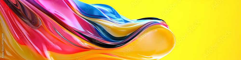 Poster abstract background with colorful waves and shapes, 3d rendering illustration, yellow background