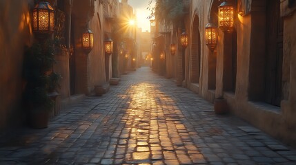Fototapeta premium Sunlit cobblestone alleyway in a historic Middle Eastern city at sunset.