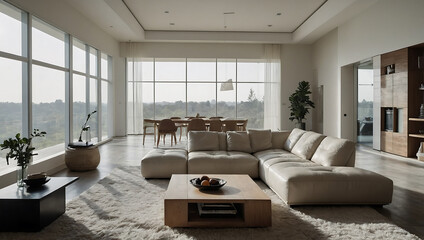 Fototapeta premium Modern living room with large windows offering panoramic views. Beige sectional sofa, wooden coffee table, and dining set are visible. Minimalist décor in neutral tones.