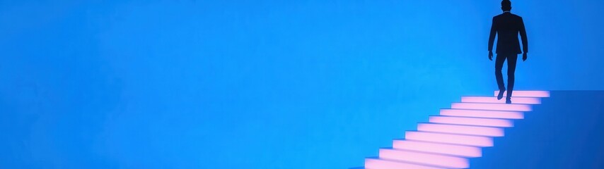 Silhouette on neon-lit stairs against vivid blue sky, modern design, futuristic journey, dreamlike ascent theme