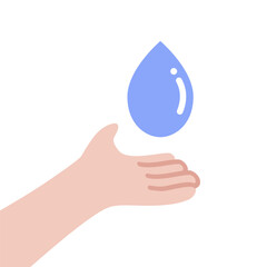 Hand holding water droplet. Save water. Natural, environment, ecology, care, conservation concepts.  Flat vector design isolated illustration.