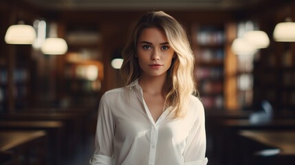 Symbol of education: Realistic high resolution photograph. Girl surrounded by books in library demonstrates her status of 11th grade graduate. Emphasis on knowledge and education