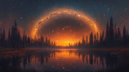 Serene twilight landscape with a starry sky reflecting on a calm lake.