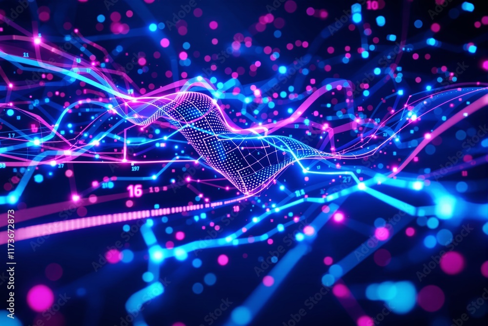 Aufkleber Abstract visualization of data networks with glowing lines and dots on a dark background.