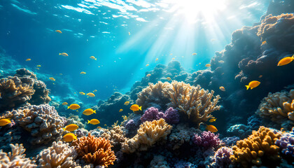 Naklejka premium Vibrant Coral Reef: Sunlit Underwater Paradise