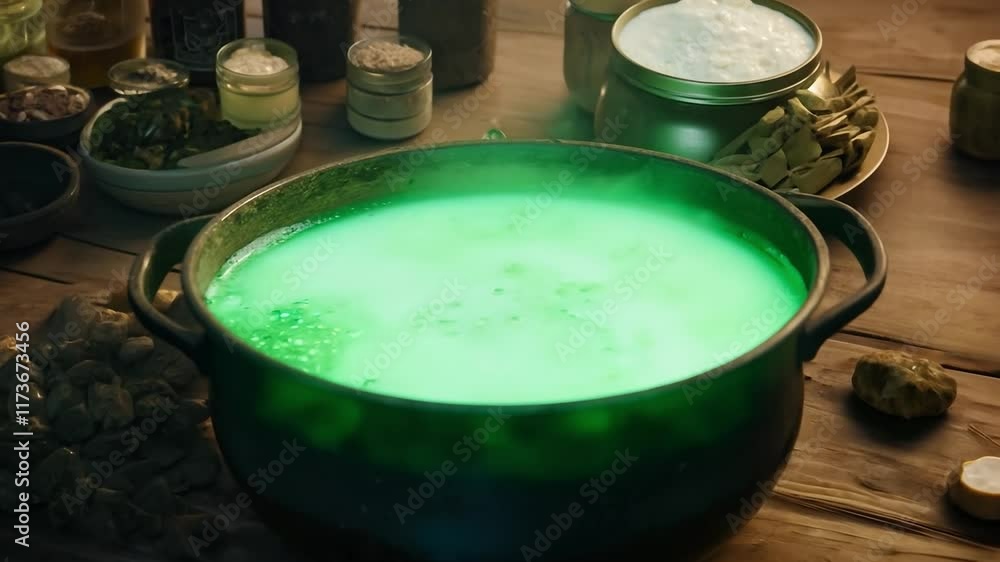 Poster wooden table with a green pot on it and a window in the background. the table is cluttered with vari