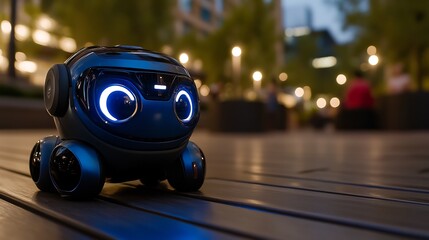 Naklejka premium Night City Companion: A Futuristic Robot in Urban Setting