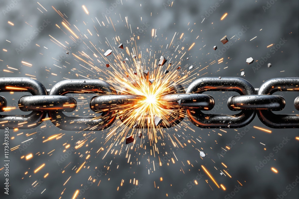 Poster exploding metal chain with sparks on a blurred gray background.