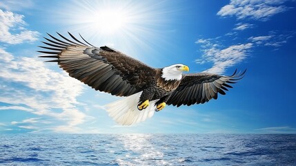 Fototapeta premium Majestic Bald Eagle Soaring Above Ocean Waves