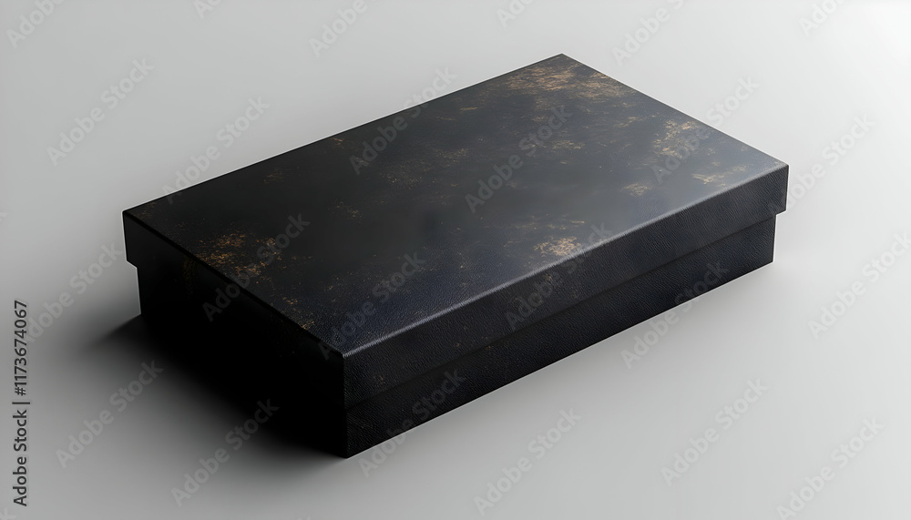 Poster a dark, rectangular box with a textured, distressed surface sits on a light gray background. the box