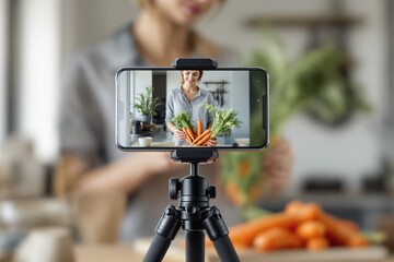 Smartphone on tripod capturing woman holding fresh carrots in kitchen background.