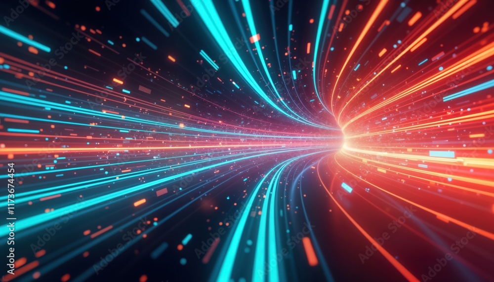 Poster digital tunnel with glowing lines. fast moving data streams create vibrant tech background. abstract