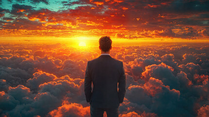 Obraz premium Businessman looking at the sunset above clouds. Of young adult male in business fashion standing on cloudscape horizon, illuminated by beautiful orange sunlight.
