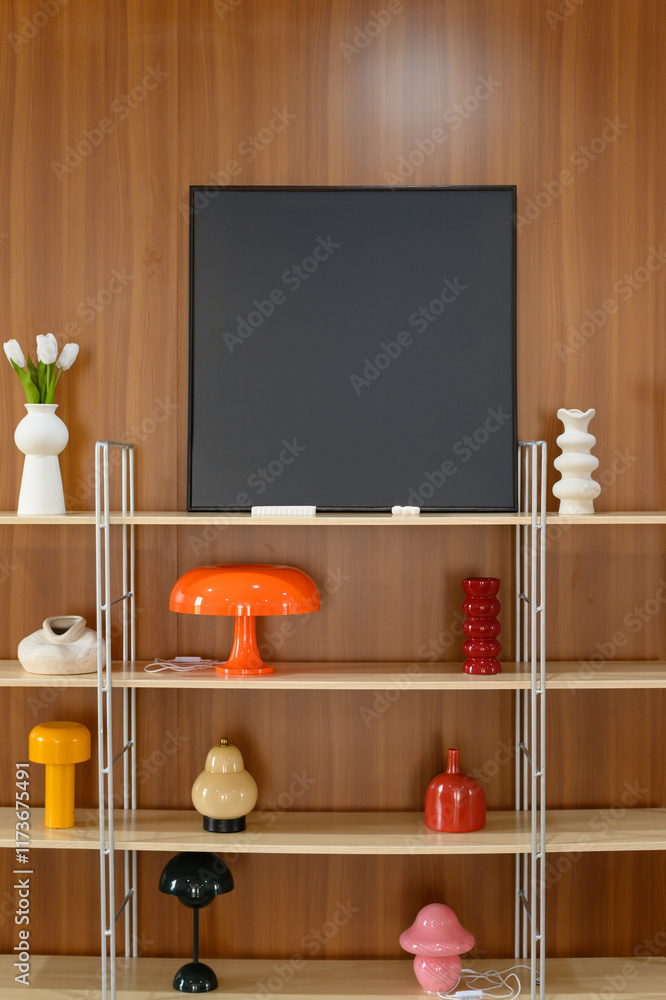 Aufkleber Modern shelf display with colorful lamps and decorative vases
