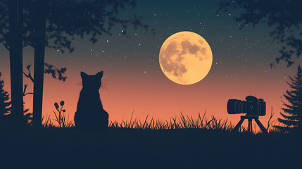 Silhouette of a cat watching the moonrise with a camera nearby creates a tranquil scene. Moonrise. Illustration