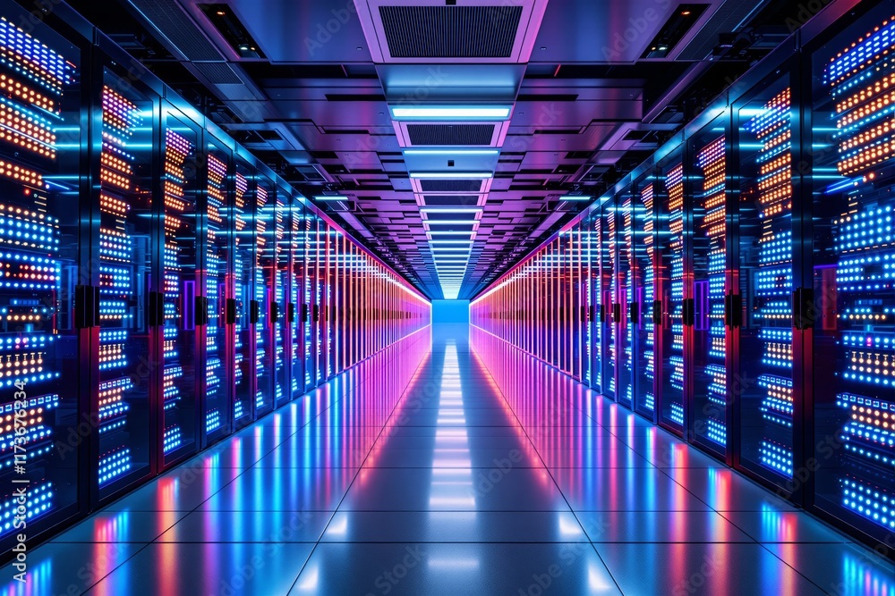 Poster Bright data center corridor with colorful glowing lights and symmetrical server racks.