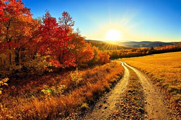 Scenic autumn landscape with a bright sunrise over a countryside path surrounded by vibrant red and yellow foliage.