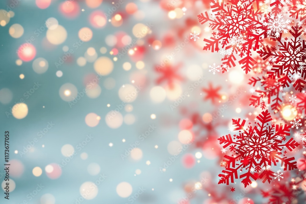 Poster festive red snowflakes with glowing bokeh lights on a soft blue background.