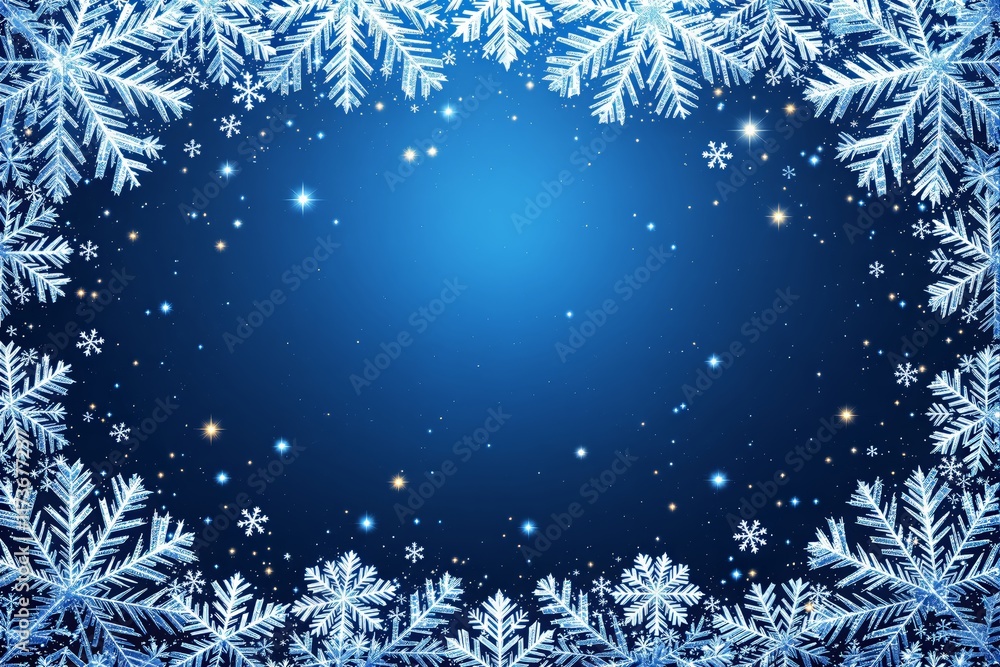 Aufkleber snowflake frame on blue background with sparkling stars and glowing particles.
