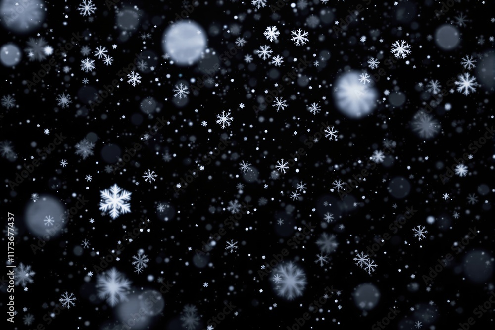 Poster abstract snowflakes falling on black background with glowing light effect.