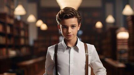 The charm of learning: The boy in the white shirt becomes the main actor of the photo shoot in the library. The professional look and naturalness make this shot special