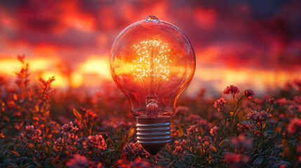 Incandescent light bulb in field flowers. Glowing innovation illuminated with bright electric. Creative inspiration and technology background with copy space.