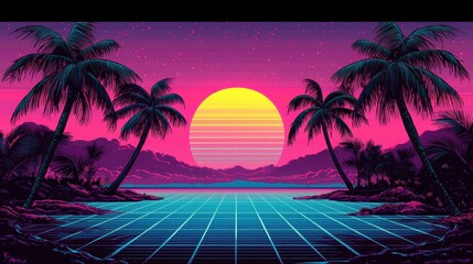Retro-futuristic sunset with palm trees and grid landscape.
