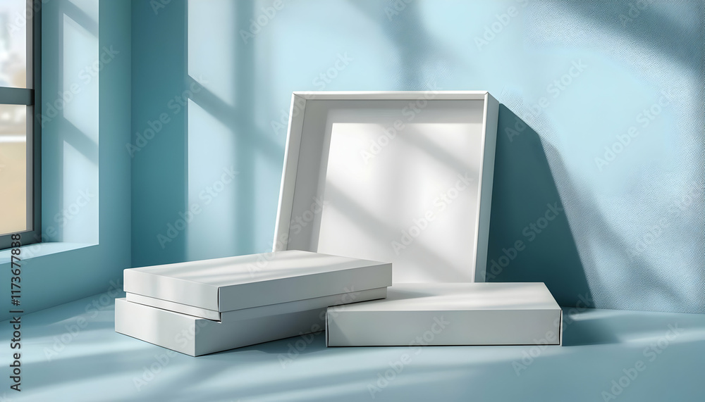 Aufkleber three blank white boxes and a frame mockup on a light blue surface near a window. ideal for product 