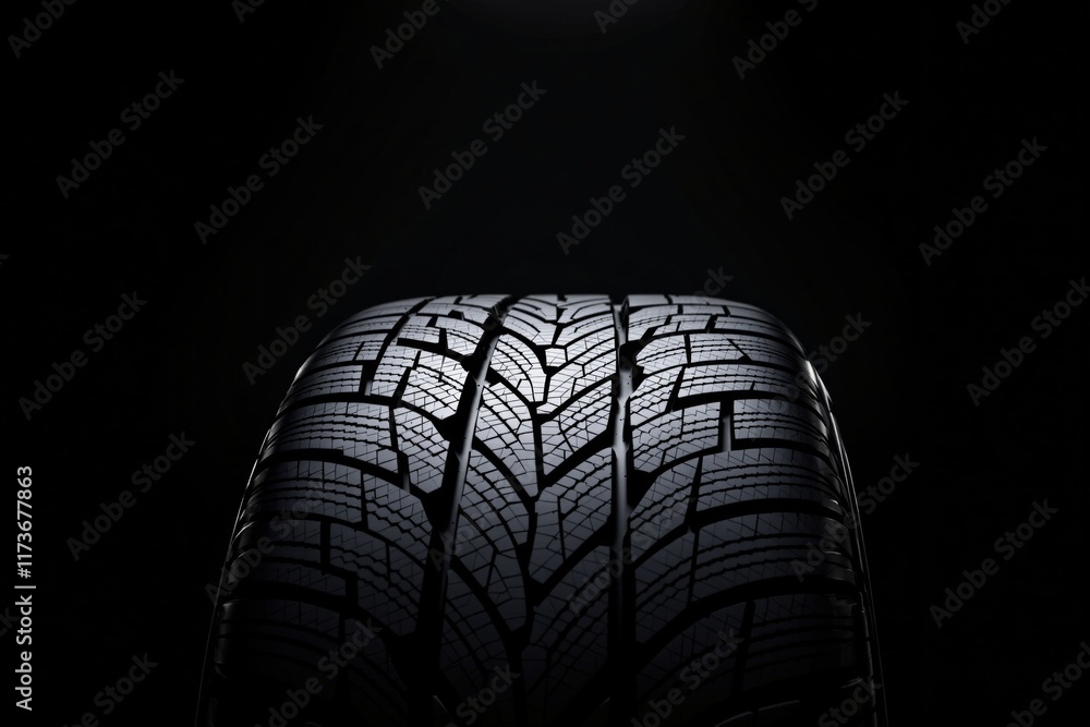 Aufkleber close-up of a tire tread pattern with light reflection on a dark background.