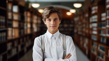 The charm of learning: The boy in the white shirt becomes the main actor of the photo shoot in the library. The professional look and naturalness make this shot special