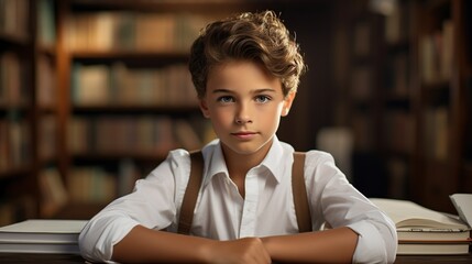 The charm of learning: The boy in the white shirt becomes the main actor of the photo shoot in the library. The professional look and naturalness make this shot special