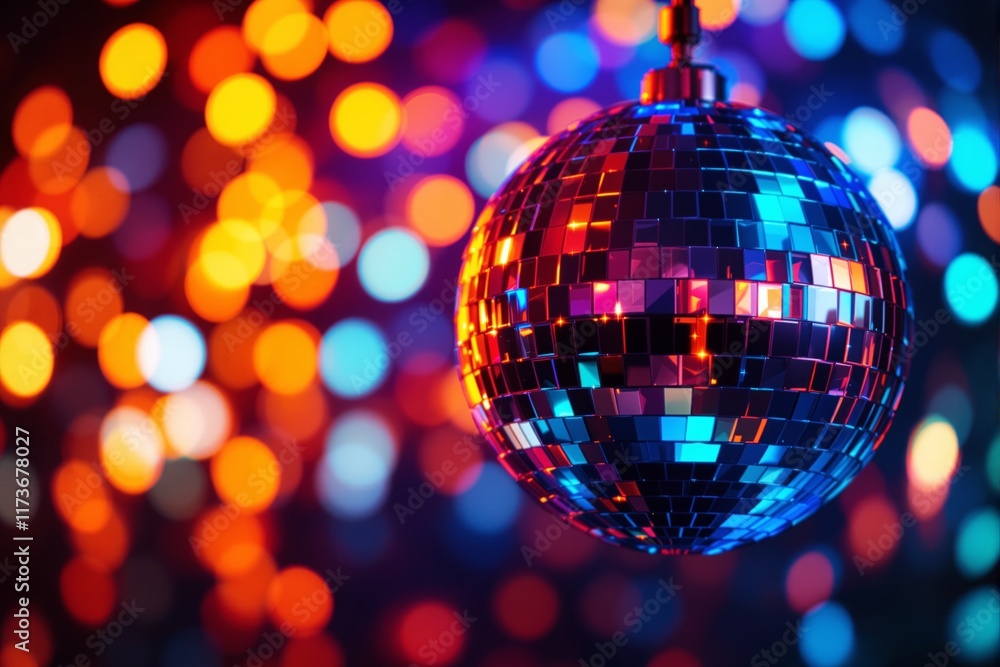 Poster Close-up of a disco ball with colorful bokeh light background.