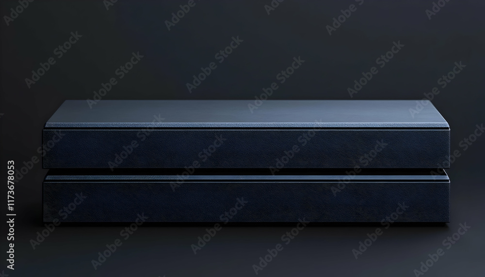 Poster two dark-blue, textured rectangular boxes stacked on a dark background. ideal for product display or