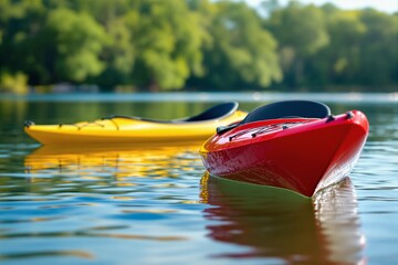Vibrant red and yellow kayaks floating on calm water with lush greenery in the background.