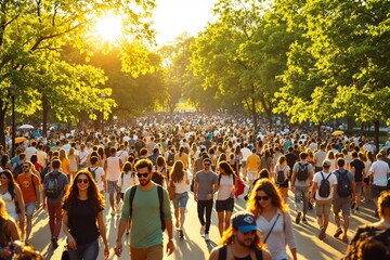 Large crowd walking through a park during a sunny day surrounded by green trees.