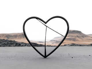 Broken heart on bleak landscape.