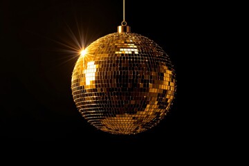 Obraz premium Golden disco ball illuminated with a starburst on a dark background.