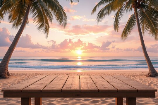 Wooden table on sandy beach with sunset and palm trees in the background.