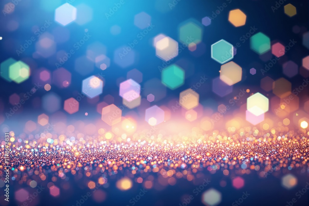 Poster Abstract colorful bokeh background with hexagon shapes and glittering lights.