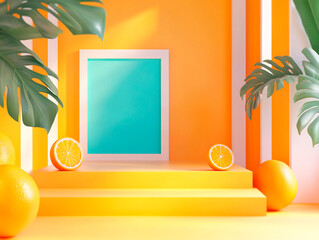 A vibrant, tropical 3D room with floating oranges serving as platforms for sunglasses and hats The room has striped yellow walls, a blue curtained window, and an imagined view of - Generative AI