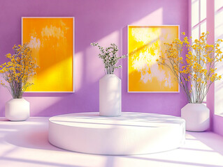 A modern indoor space, possibly a styled room with a striking purple wall and two large paintings of yellow and green hues The curved white mantelpiece holds three vases with drie - Generative AI