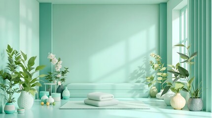 Minimalist Interior with Soft Green Colors and Green Plants