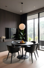 japanese style interior design of modern living room. Black dining table and chairs set in stylish room