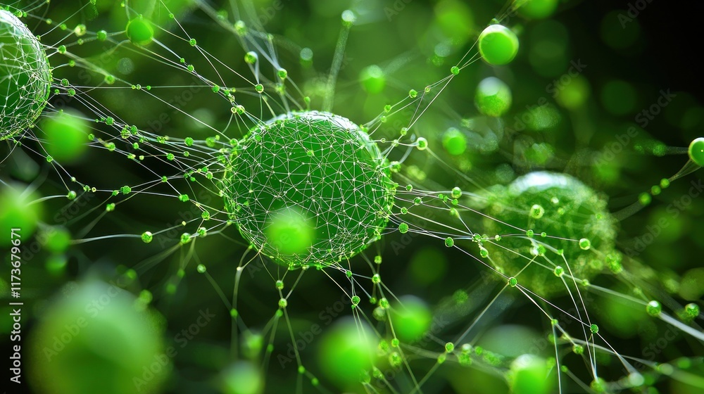 Poster intricate network of green spheres: a microscopic visualization of interconnectedness