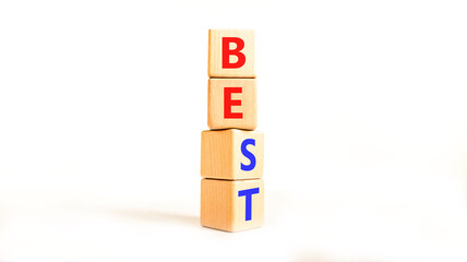 Motivational and inspirational be best symbol. Concept words Be best on beautiful wooden block. Beautiful white table white background. Business motivational be best concept. Copy space.