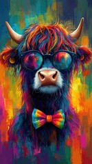 Humorous and artistic portraits of Highland cows in stylish outfits, AI generated