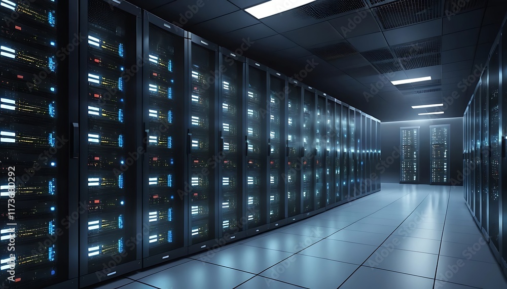 Poster illuminated server racks line modern data center corridor