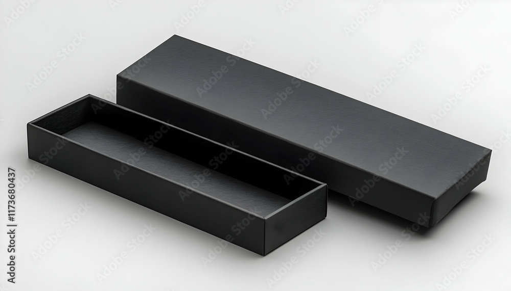 Poster empty black rectangular box open and lid separate on white background.